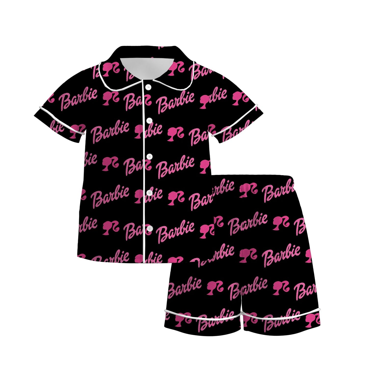 Baby Girls Doll Black Pink Words Buttons Shirt Shorts Pajamas Clothing Sets Preorder(moq 5)