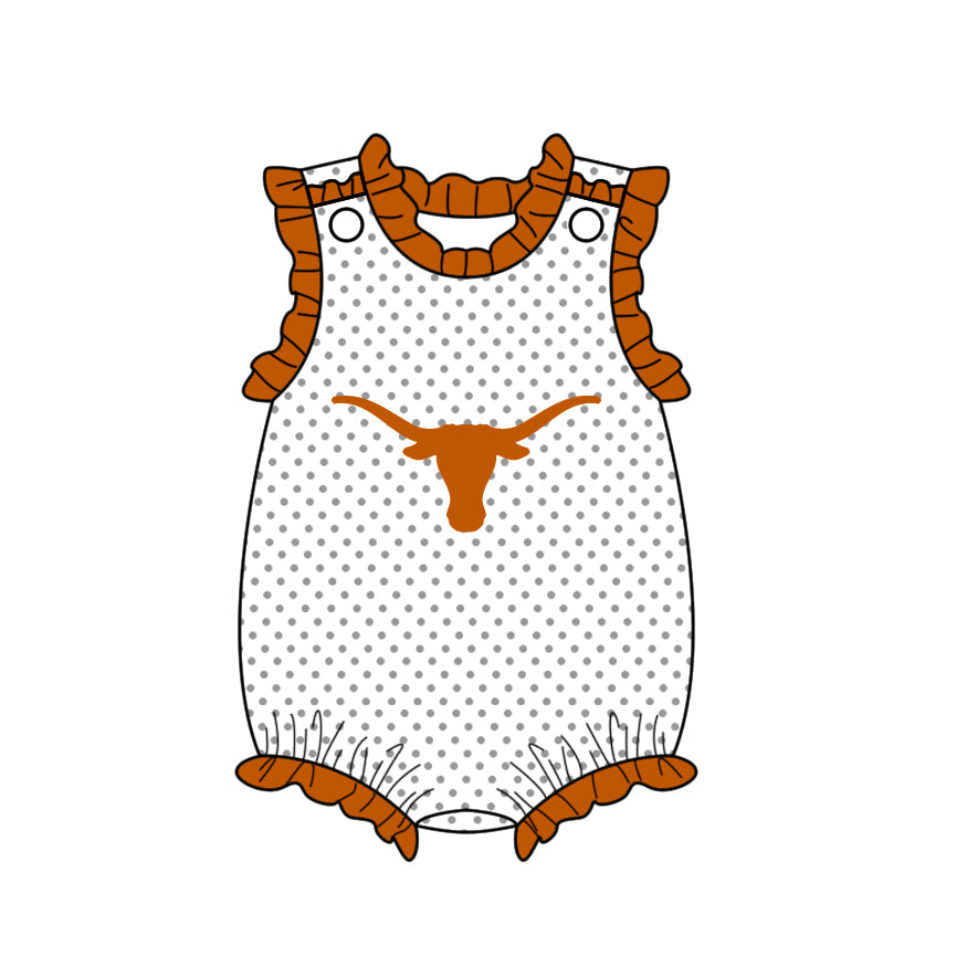 Preorder (moq 5)Baby Girls Sleeveless Texas Longhorns Team Polka Dots Ruffle Rompers
