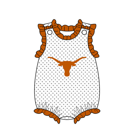 Preorder (moq 5)Baby Girls Sleeveless Texas Longhorns Team Polka Dots Ruffle Rompers