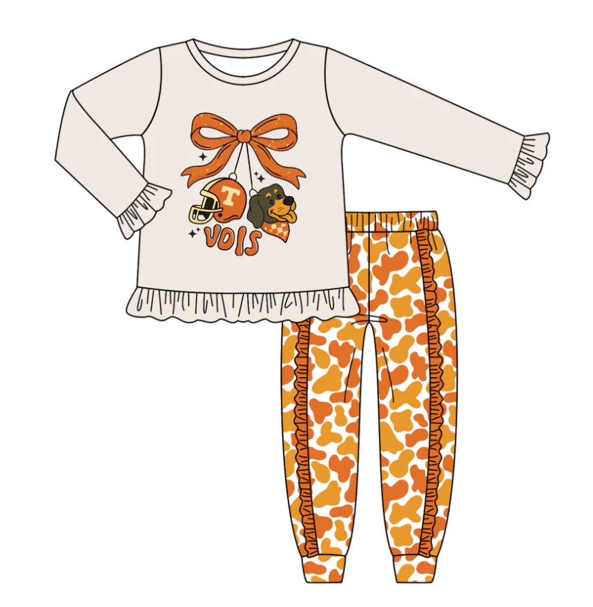 Preorder (moq 5)Baby Girls Grey Tennessee Vols Dog Team Top Ruffle Pants Outfits Sets