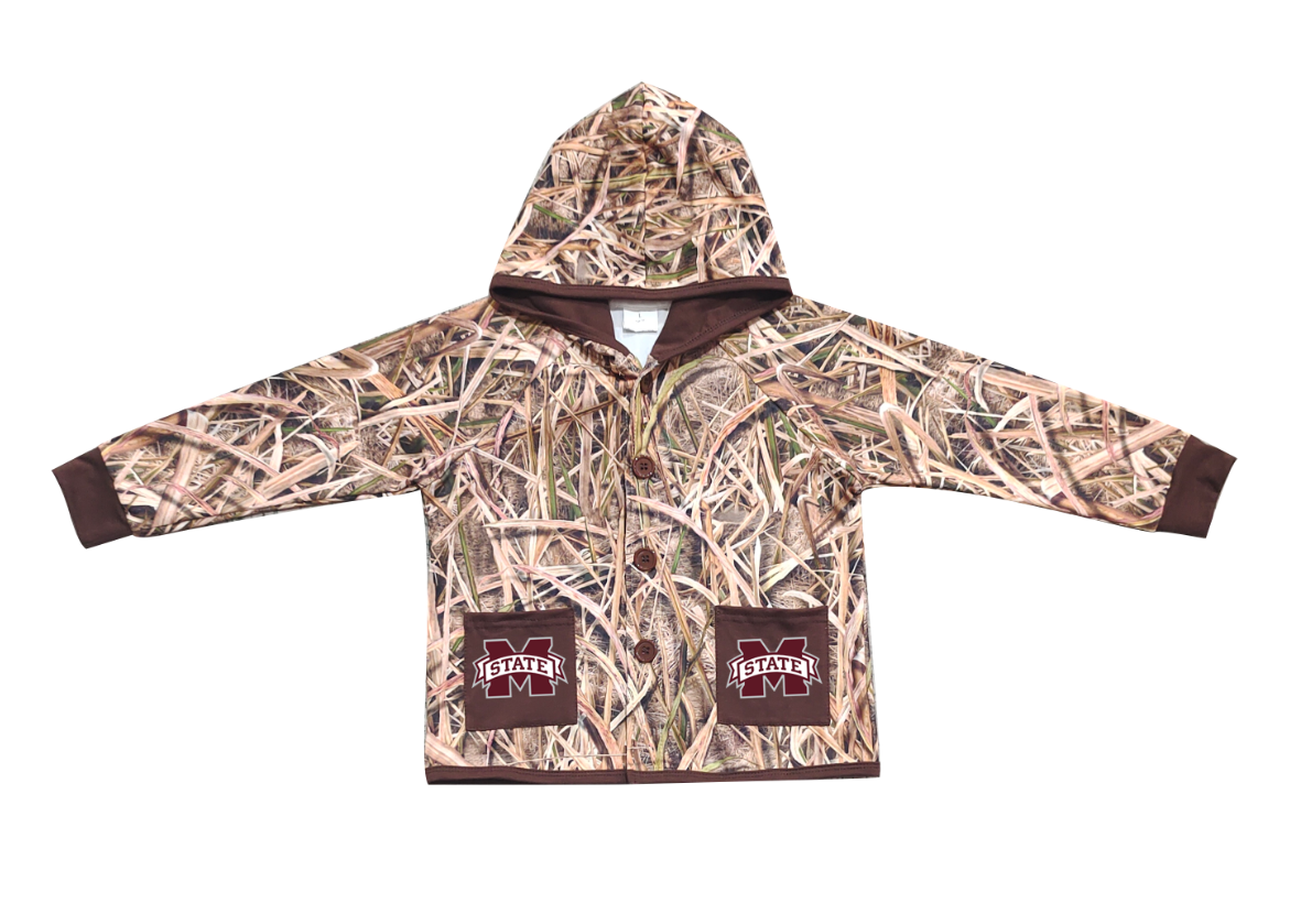 Preorder (moq 5)Baby Boys Khaki Leaves Camo M State Pockets Team Button Hoodie Jackets Top