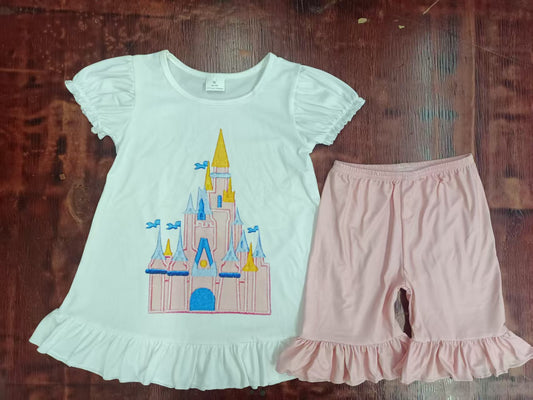 Preorder moq 5 Baby Girls Short Ruffle Sleeves Castle Tunic Pink Short Set