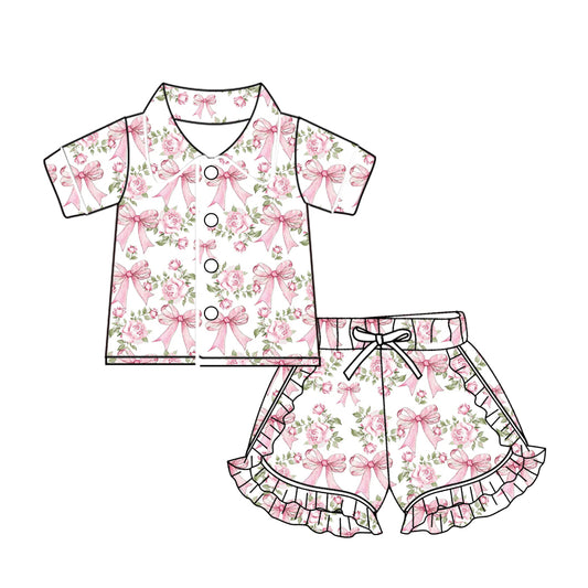 Baby Girls Pink Flowers Bows Buttons Top Ruffle Shorts Pajamas Sets preorder(MOQ 5)