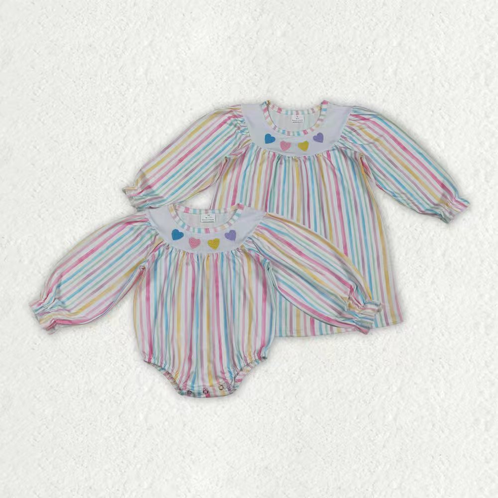Sibling Baby Girls Colorful Stripe Embroidery Hearts Ruffle Sleeve Knee Length Dress Rompers