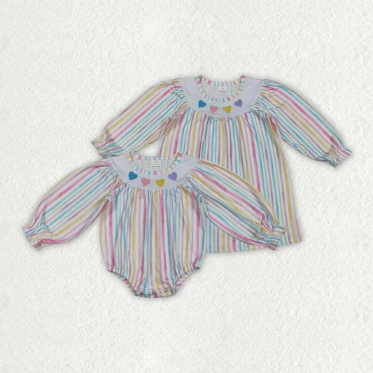 Sibling Baby Girls Colorful Stripe Embroidery Hearts Ruffle Sleeve Knee Length Dress Rompers
