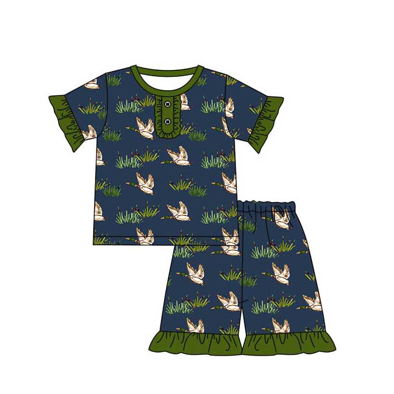 Baby Girls Navy Mallard Ducks Shirts Top Ruffle Shorts Pajamas Sets preorder(MOQ 5)