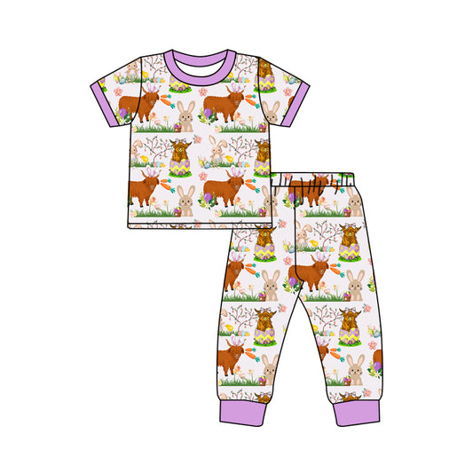 Baby Girls Easter Highland Cow Top Pants Pajamas Kids Clothing Sets preorder(MOQ 5)