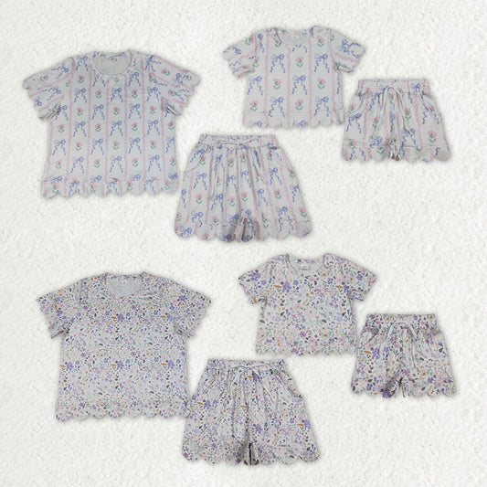 Mama and Me Girls Short Sleeve Colorful Flowers Top Pockets Short Scallop Clothes Sets
