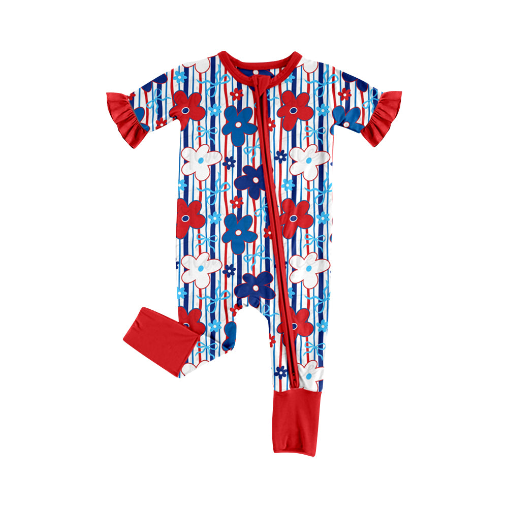 Preorder (moq 5)Baby Girls Red Blue Stripe Flowers 4th of July Two Way Zip Convertible Rompers