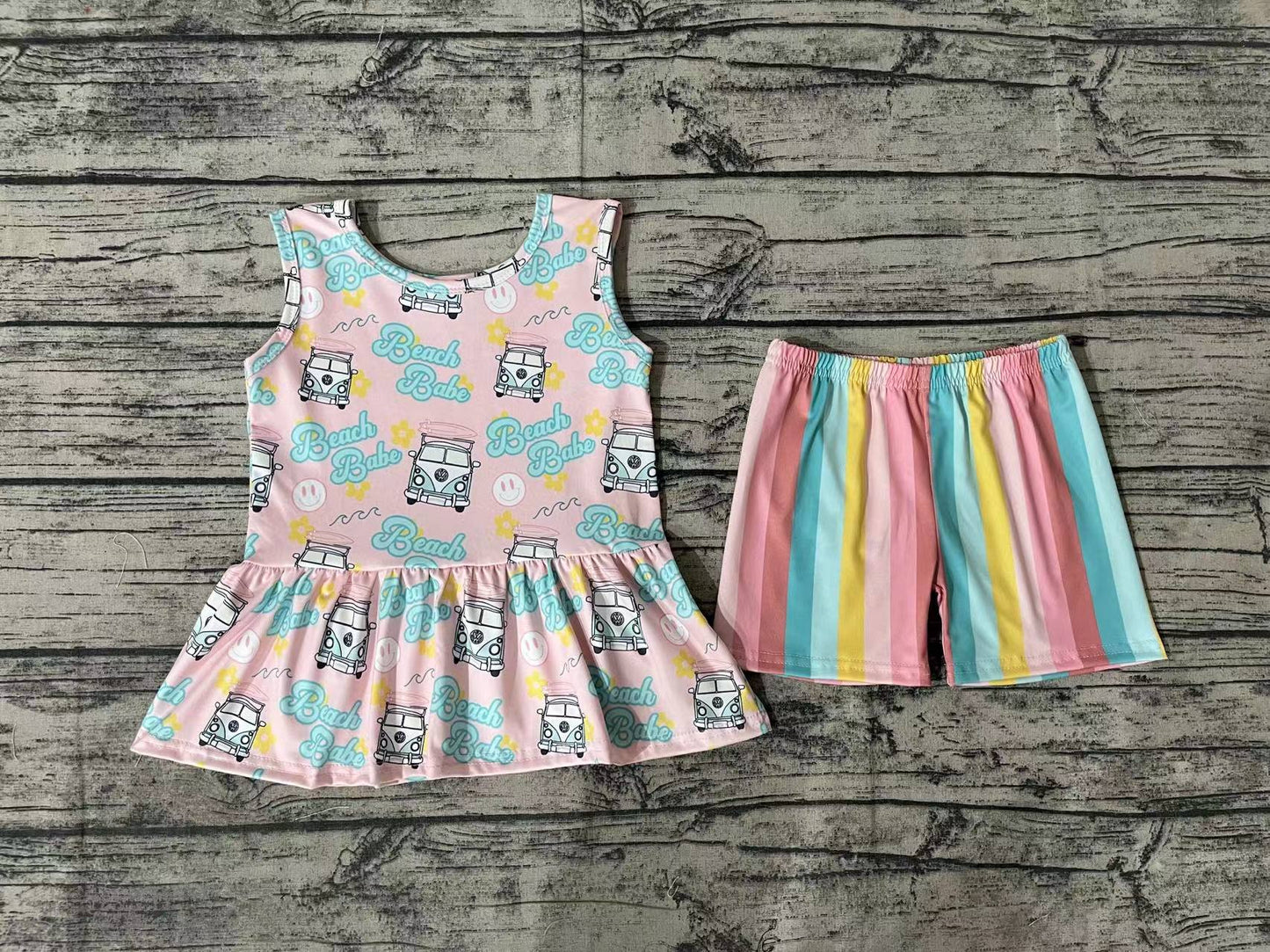Baby Girls Beach Babe Tunic Top Stripes Shorts Outfits Summer Clothes Sets