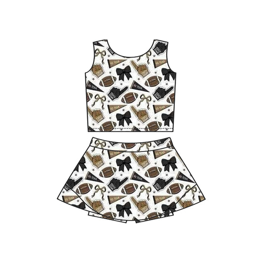 Preorder moq 5 Baby Girls Sleeveless Green Football Cheer Plaid Vest Top Skorts Team Set