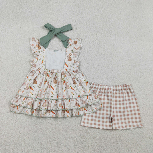 Baby Girls Carrot Rabbits Button Strap Tunic Checked Shorts Easter Clothes Sets