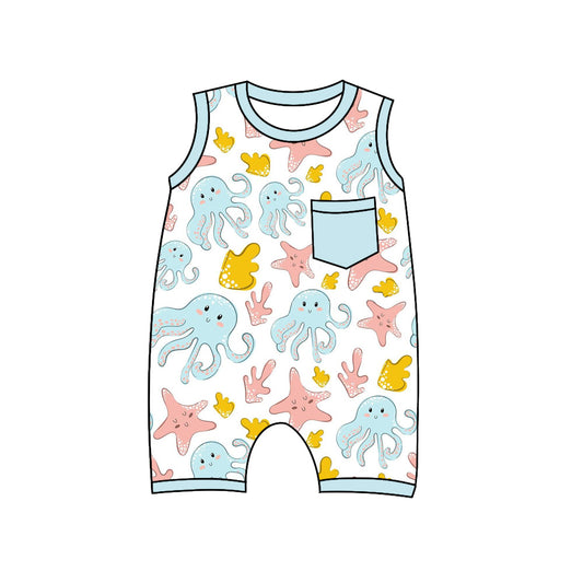 Preorder(moq 5)Baby Infant Boys Blue Sleeveless Starfishes Pocket Top Summer Rompers