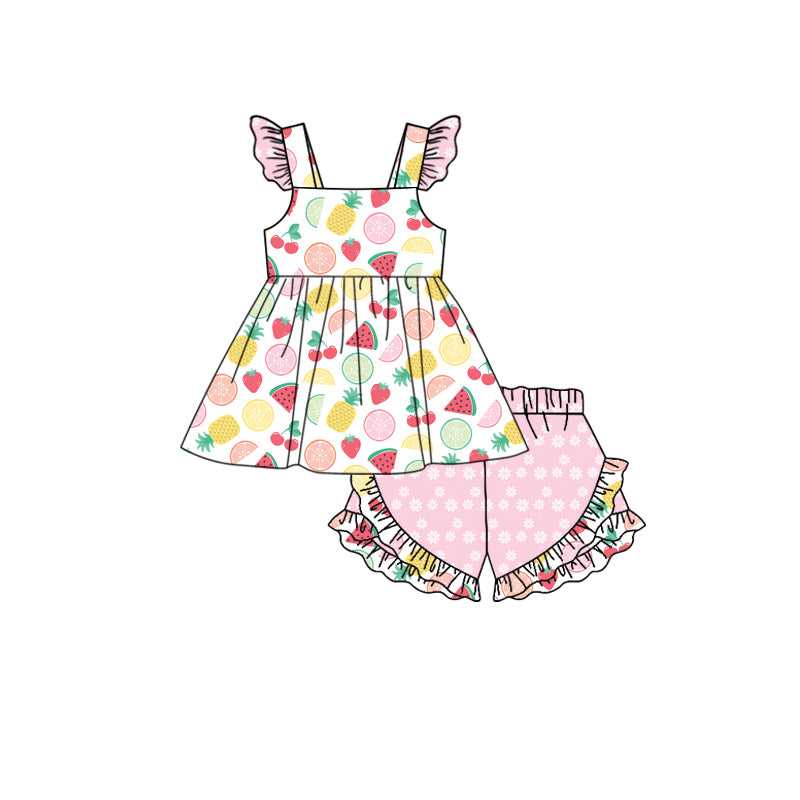 Preorder (moq 5)Baby Girls Fruits Straps Tunic Top Ruffle Shorts Clothes Sets