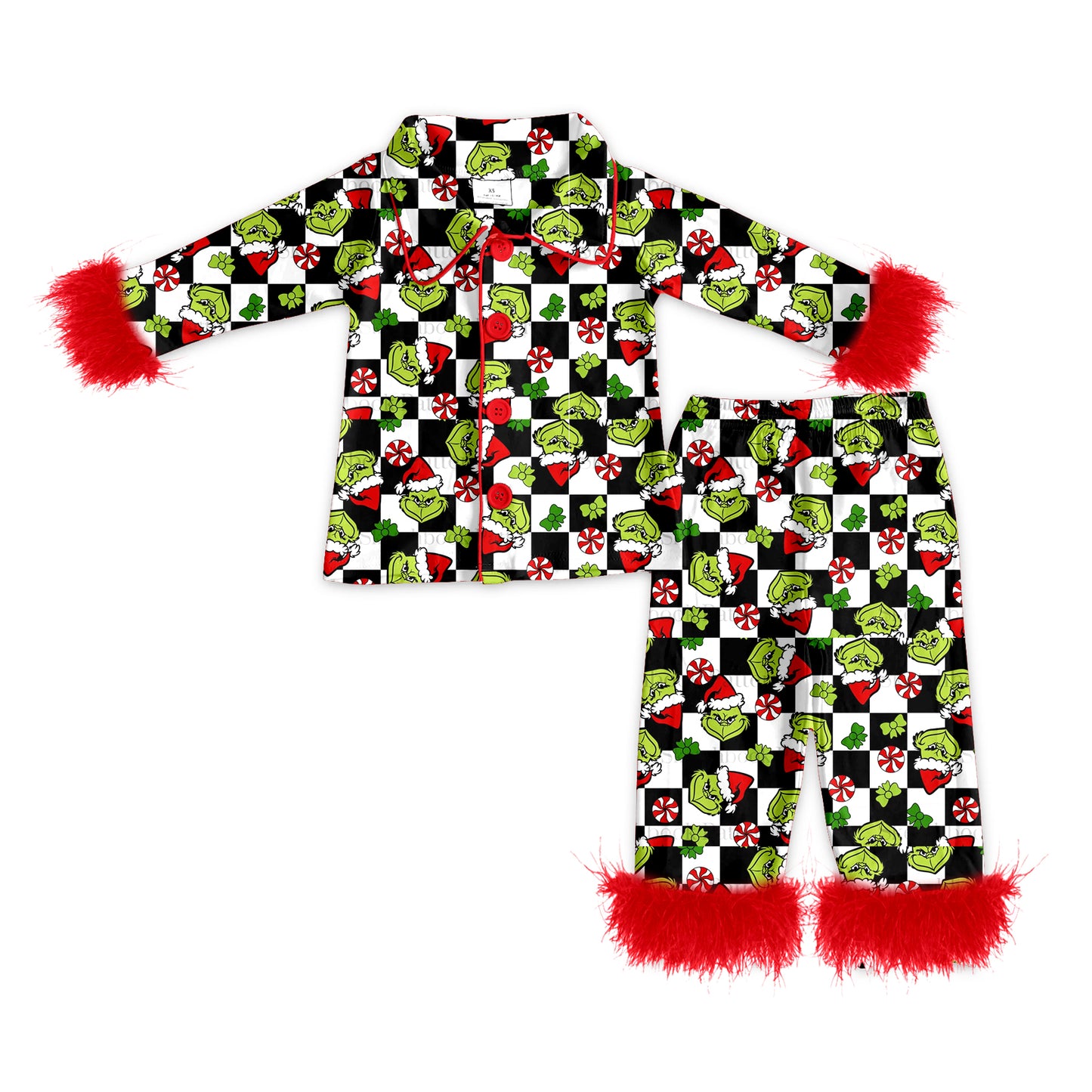 Baby Girls Christmas Frog Checkered Red Fur Top Pants Pajamas Clothes Sets preorder(MOQ 5)