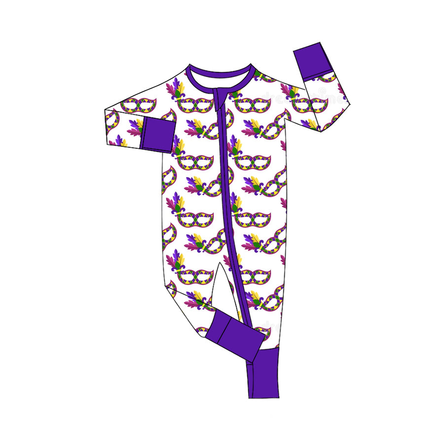 Preorder (moq 5) Baby Girl Clothes Mardi Gras Mask Feather Allover Print Long Sleeve Zip Romper Jumpsuit