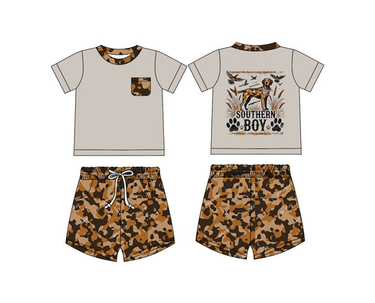 Preorder (moq 5)Baby Boys Dog Souther Boy Top Camo Shorts Clothes Sets