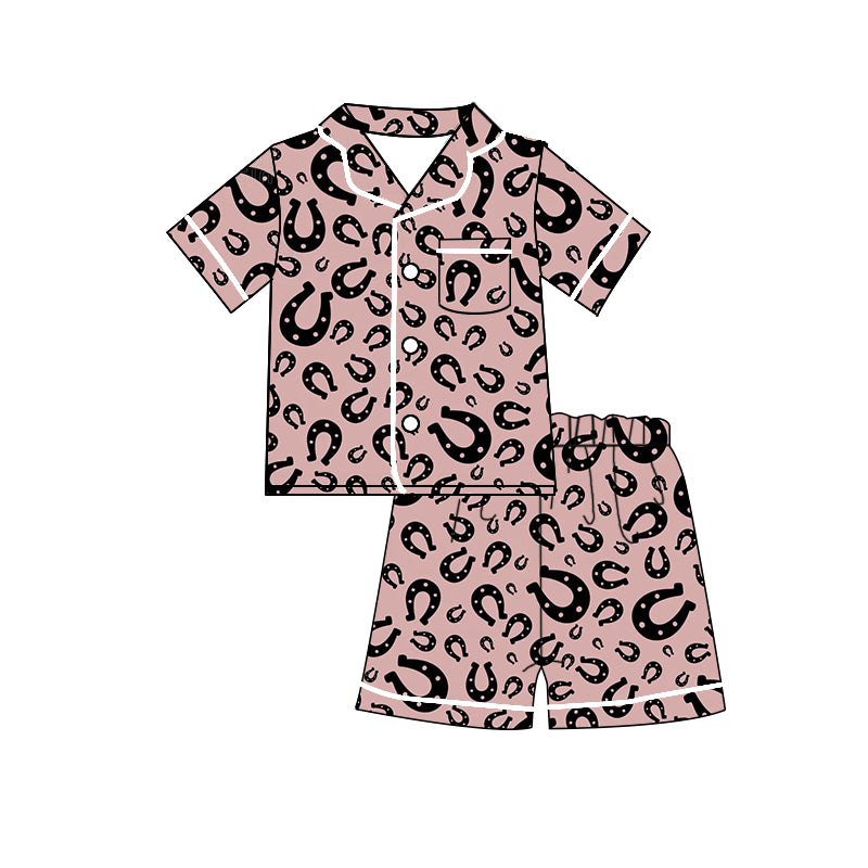 Baby Girls Short Sleeve Horse Shoes Buttons Shirt Shorts Pajamas Clothes Sets preorder(moq 5)