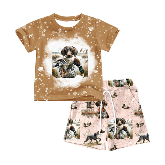 Baby Boys Toddler Dog Hunting Brown Short Sleeve Shirt Shorts Clothes Sets preorder(moq 5)