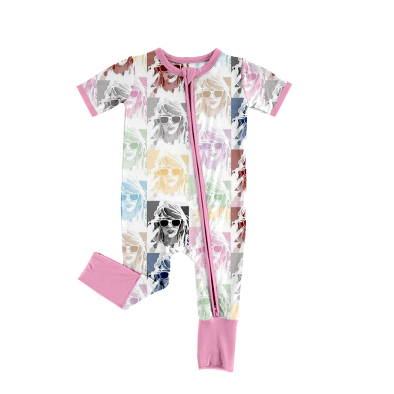 Baby Infant Girls Pink Singer Zip Short Sleeve Rompers preorder(moq 5)