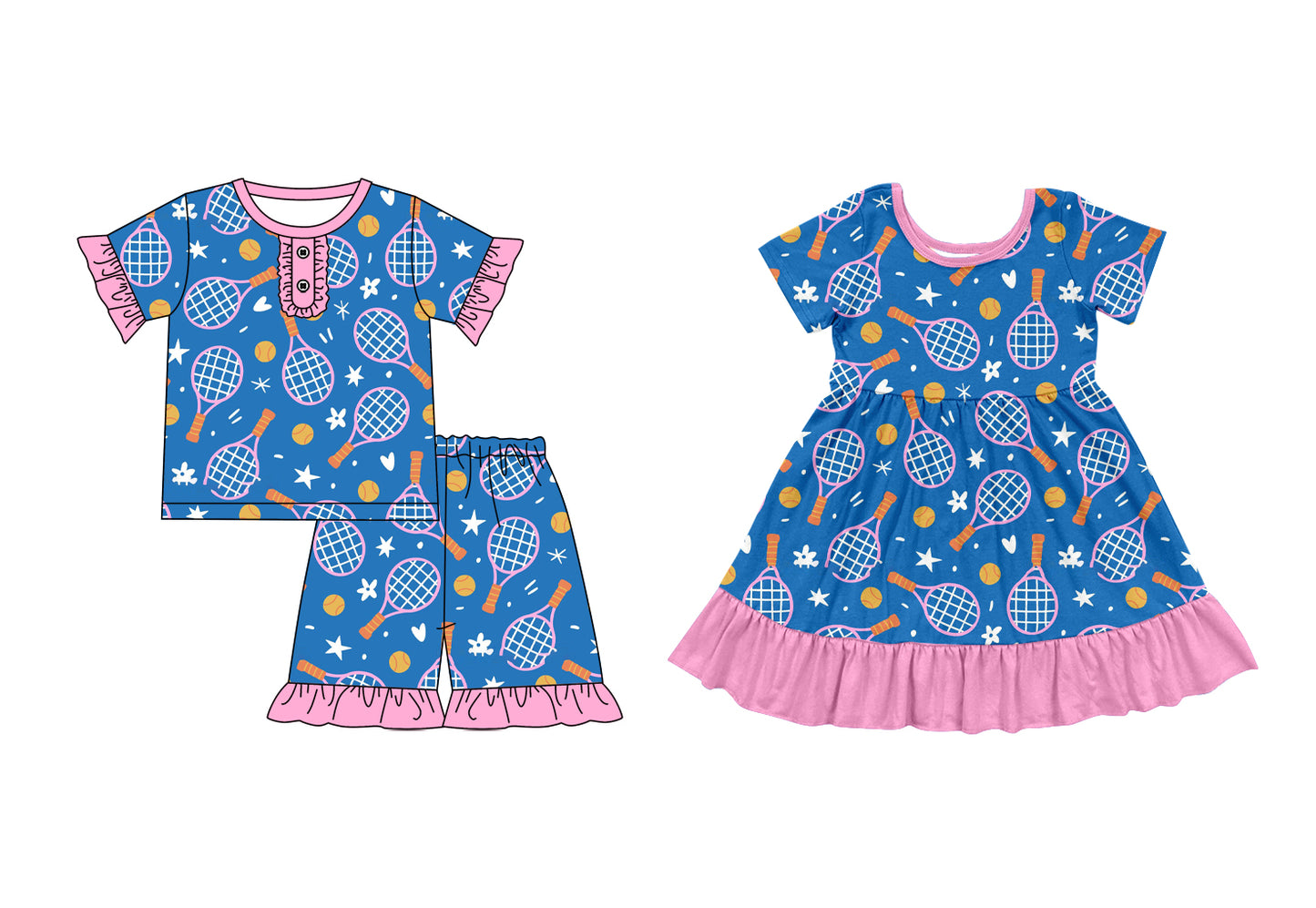 Preorder moq 5 Custom Baby Girls Baseballs Stars Top Ruffle Short Pajamas Set Knee Length Dress