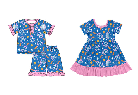 Preorder moq 5 Custom Baby Girls Baseballs Stars Top Ruffle Short Pajamas Set Knee Length Dress