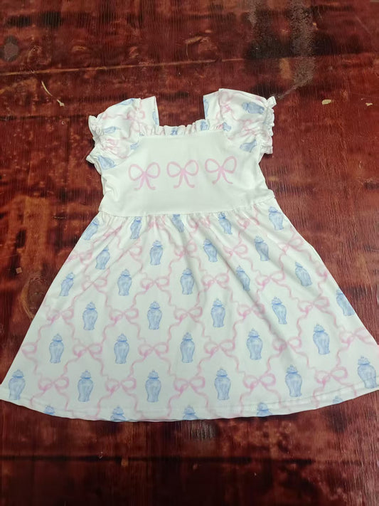 Preorder moq 5 Baby Girls Pink Short Ruffle Sleeves Bows Plaid Knee Length Dress