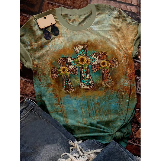 Preorder moq 5 Adult Women Western Cross sunflowers Bleached Tee Shirts Tops