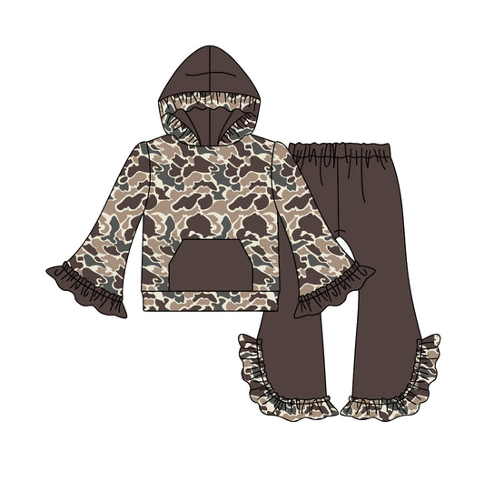 Baby Girls Light Brown Camo Pocket Hooded Top Ruffle Pants Clothes Sets Preorder(moq 5)