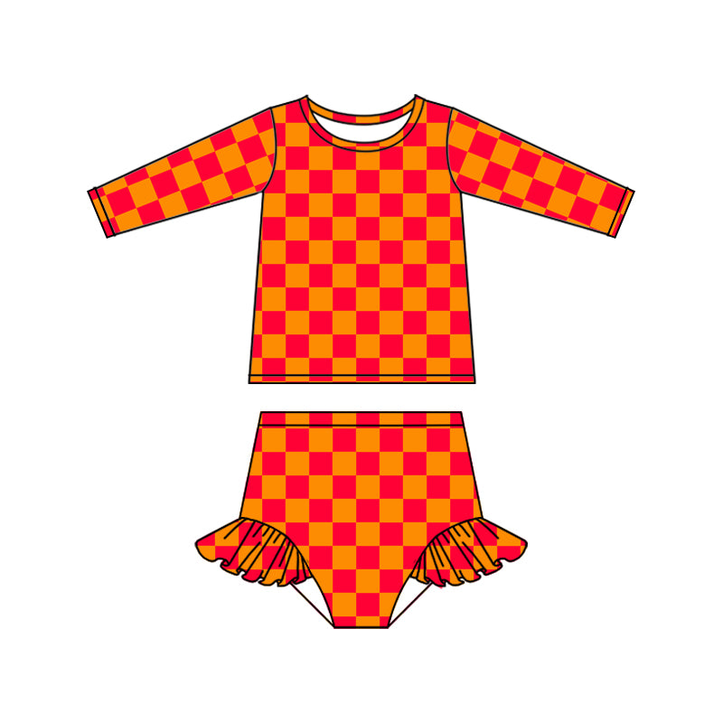 Baby Girls Orange Checkered Long Sleeve Top Bummie Swimsuits Clothes Sets Preorder(moq 5)