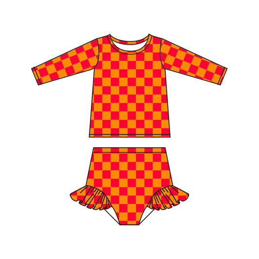 Baby Girls Orange Checkered Long Sleeve Top Bummie Swimsuits Clothes Sets Preorder(moq 5)