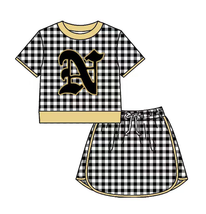 Preorder (moq 5)Baby Girls Black Checked Nederland Bulldogs Top Skirt Short Team Clothes Set