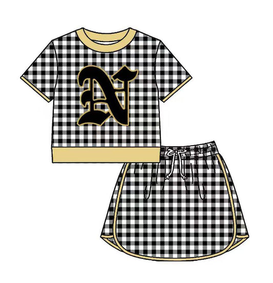 Preorder (moq 5)Baby Girls Black Checked Nederland Bulldogs Top Skirt Short Team Clothes Set
