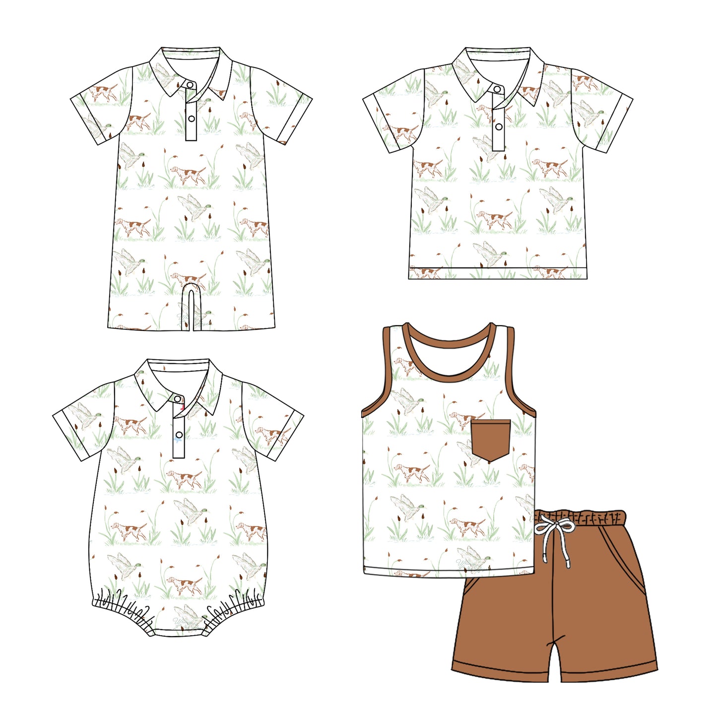 Preorder moq 5 Custom Baby Boys Short Sleeves Button Pocket Dogs Duck Top Short Set Polo Shirts And Rompers