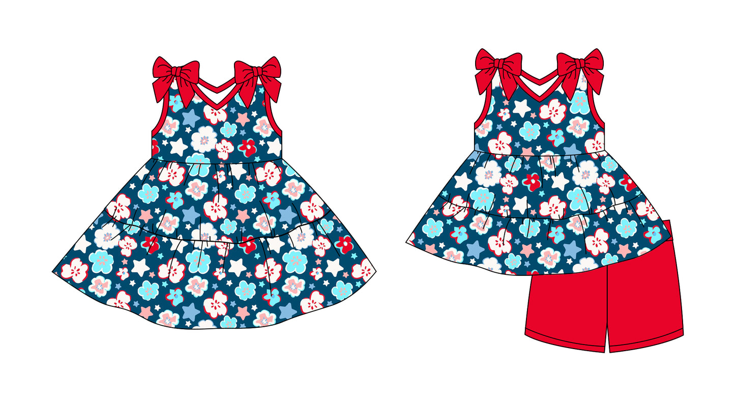 Preorder moq 5 Custom Baby Girls Red Colorful Stars Floral Tunic Short Set Knee Length Dresses