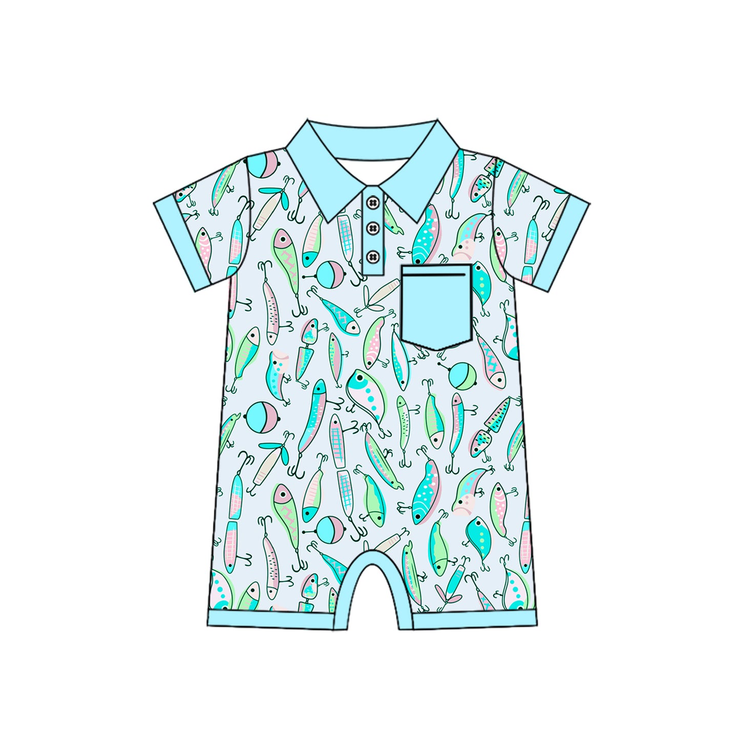 Baby Infant Boys Blue Fishing Pocket Rompers Preorder(moq 5)