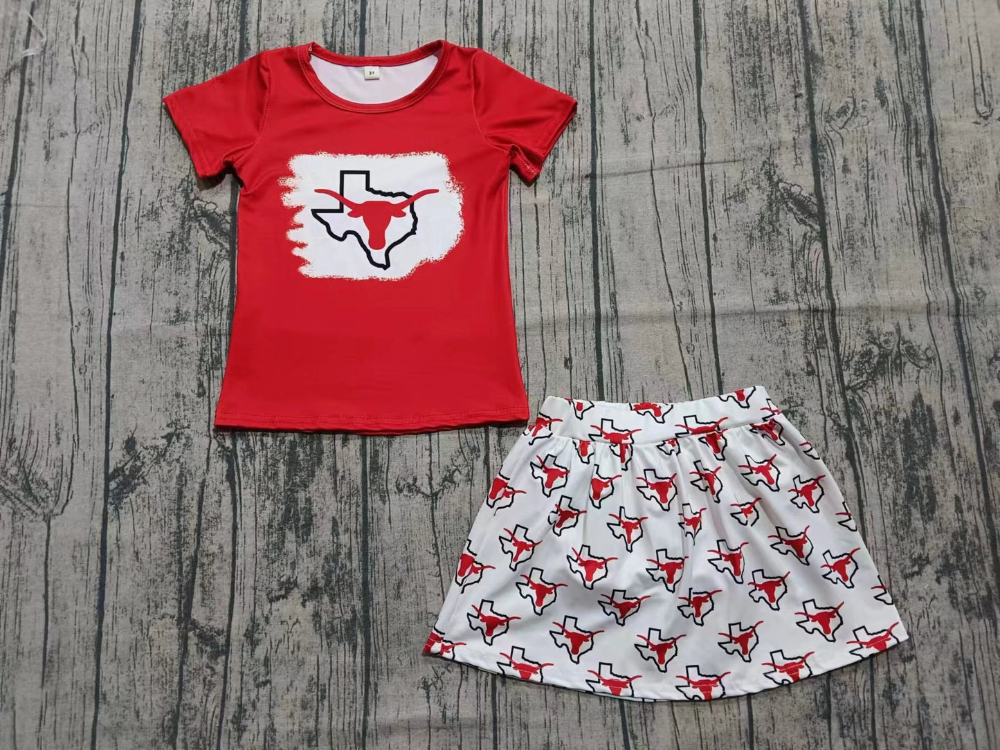Preorder (moq 5)Baby Girls Red Short Sleeve Bull Skull Top Skorts Team Clothes Set