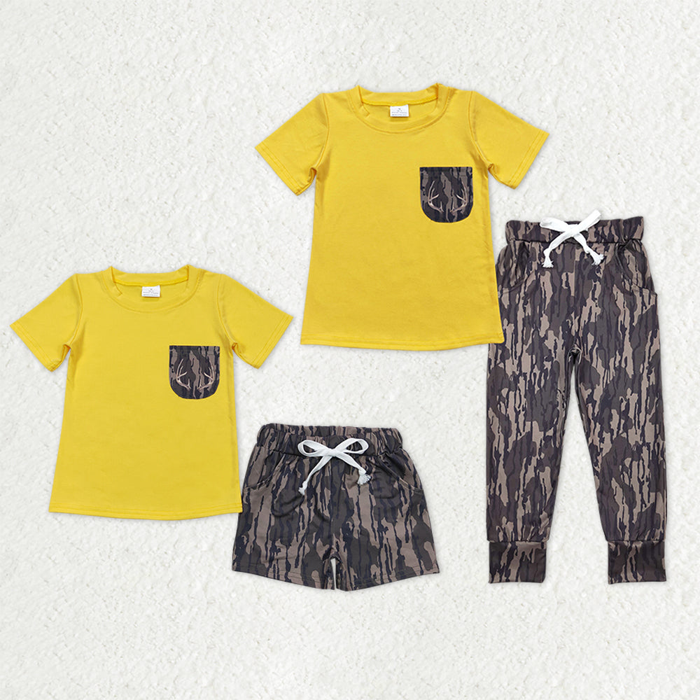 Sibling Baby Boys Yellow Short Sleeve Pocket Top Southern Olive Camo Short Pants Clothes Sets
