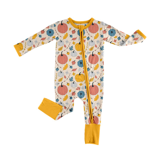 Baby Girls Fall Mustard Pumpkin Long Sleeve Zip Bamboo Rompers Preorder(moq 5)