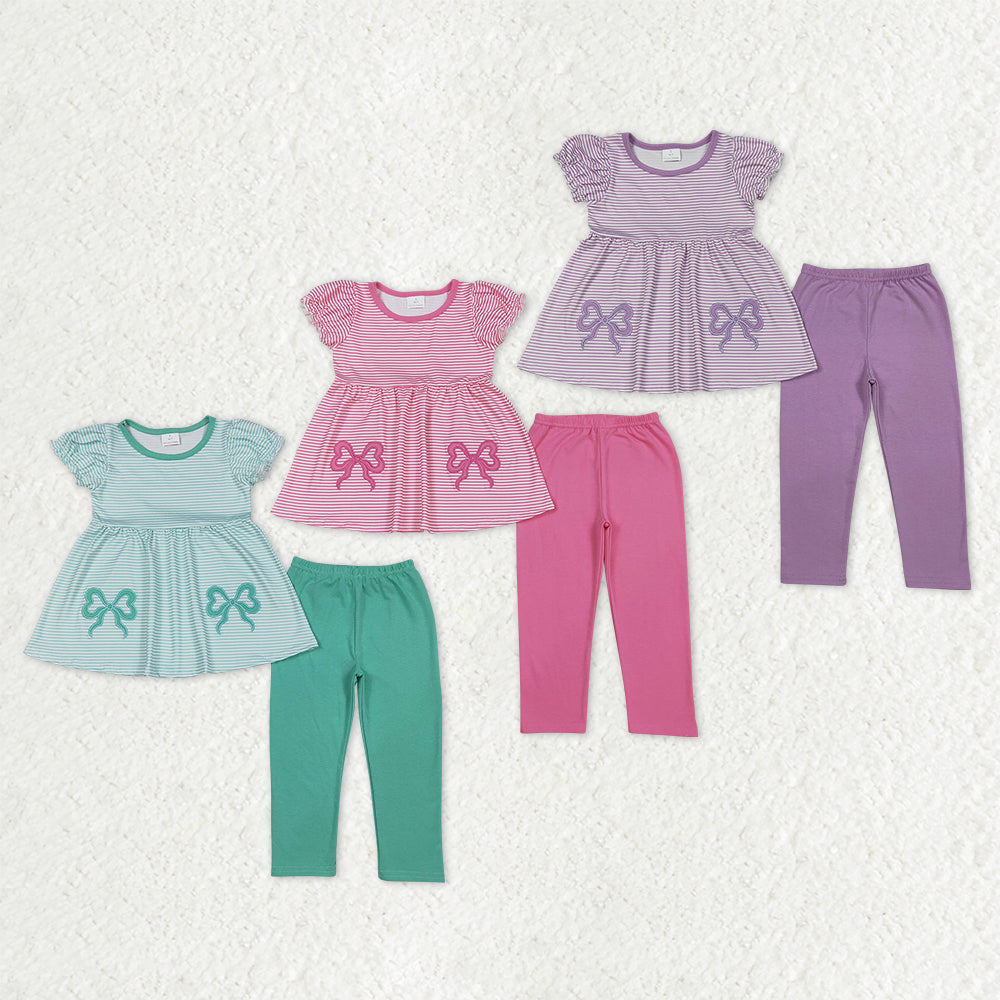 Sibling Baby Girls Embroidery Bows Stripe Tunic Legging Pants Clothes Sets