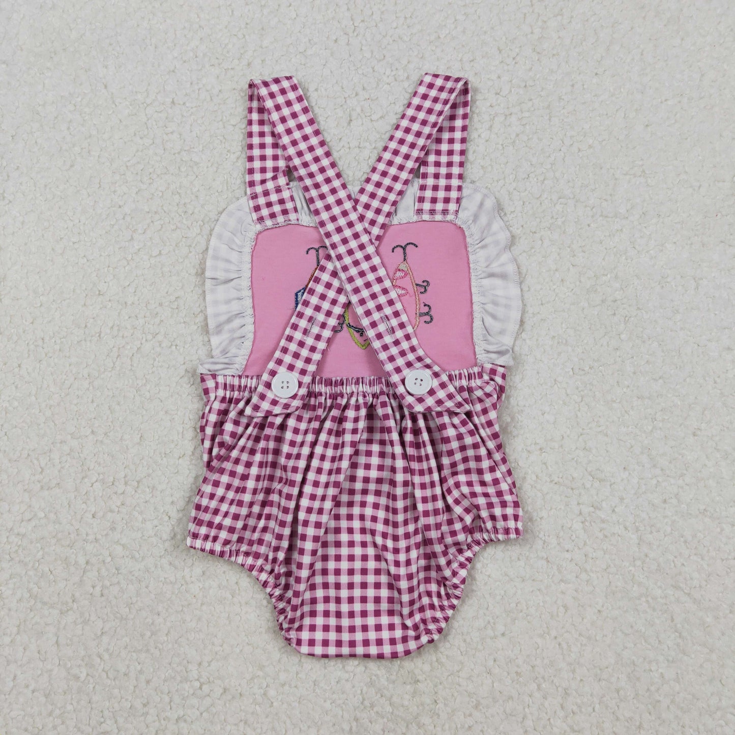 Embroidery Fishing Baby Girls Pink Checked Strap Checked Hunting Ruffle Rompers