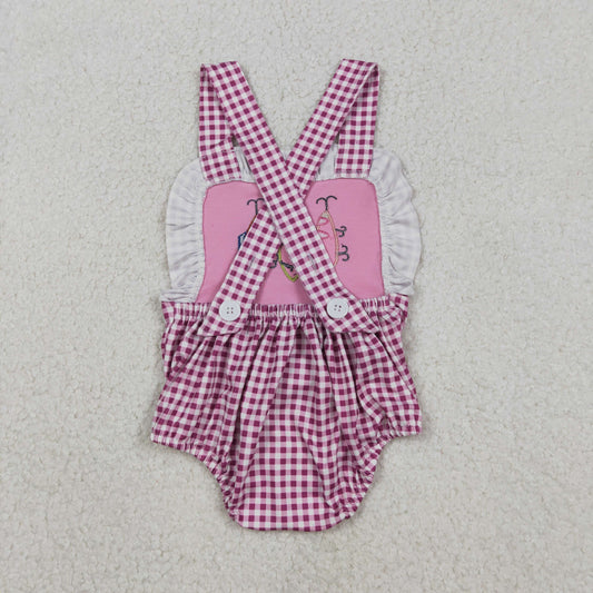 Embroidery Fishing Baby Girls Pink Checked Strap Checked Hunting Ruffle Rompers