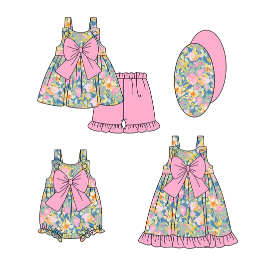 Preorder moq 5 Custom Baby Girls Strap Floral Bow Tunic Pink Ruffle Short Sets Knee Length Dress Rompers