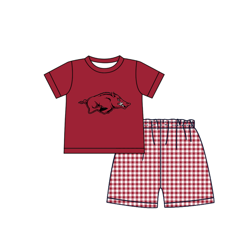 Preorder (moq 5)Baby Boys Red Short Sleeve Bulls Top Checked Shorts Team Clothes Sets