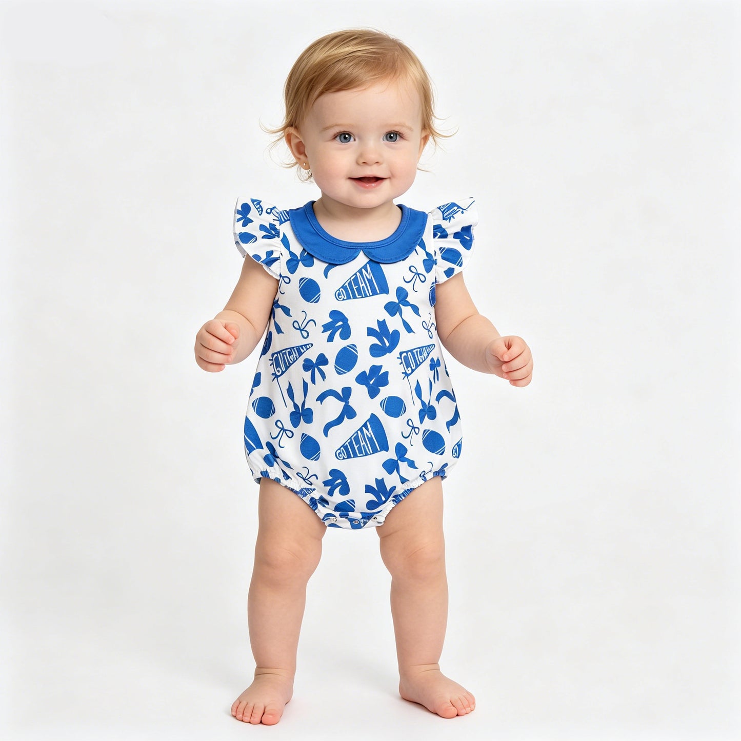 Baby Girls Flutter Sleeves Blue Cheer Bows Team Ruffle Rompers