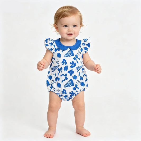 Baby Girls Flutter Sleeves Blue Cheer Bows Team Ruffle Rompers