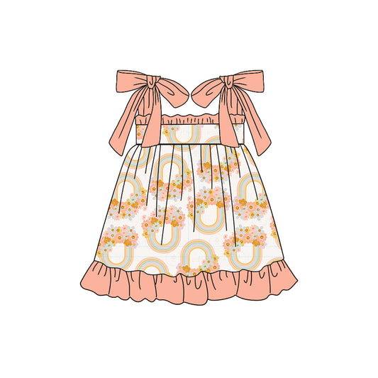 Preorder (moq 5)Baby Girls Pink Rainbow Flowers Straps Knee Length Dresses