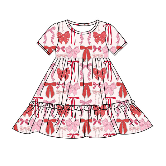 Preorder (moq 5)Baby Girls Valentines Red Bows Knee Length Dresses