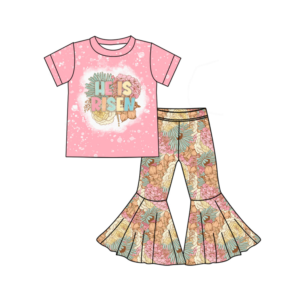 Baby Girls Easter He Is Risen Flowers Top Bell Pants Kids Clothing Sets preorder(MOQ 5)