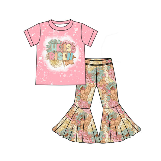 Baby Girls Easter He Is Risen Flowers Top Bell Pants Kids Clothing Sets preorder(MOQ 5)